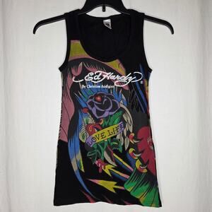 Ed Hardy Black Love Life Rose Bleeding Heart Y2K Vintage Tank Top One Size